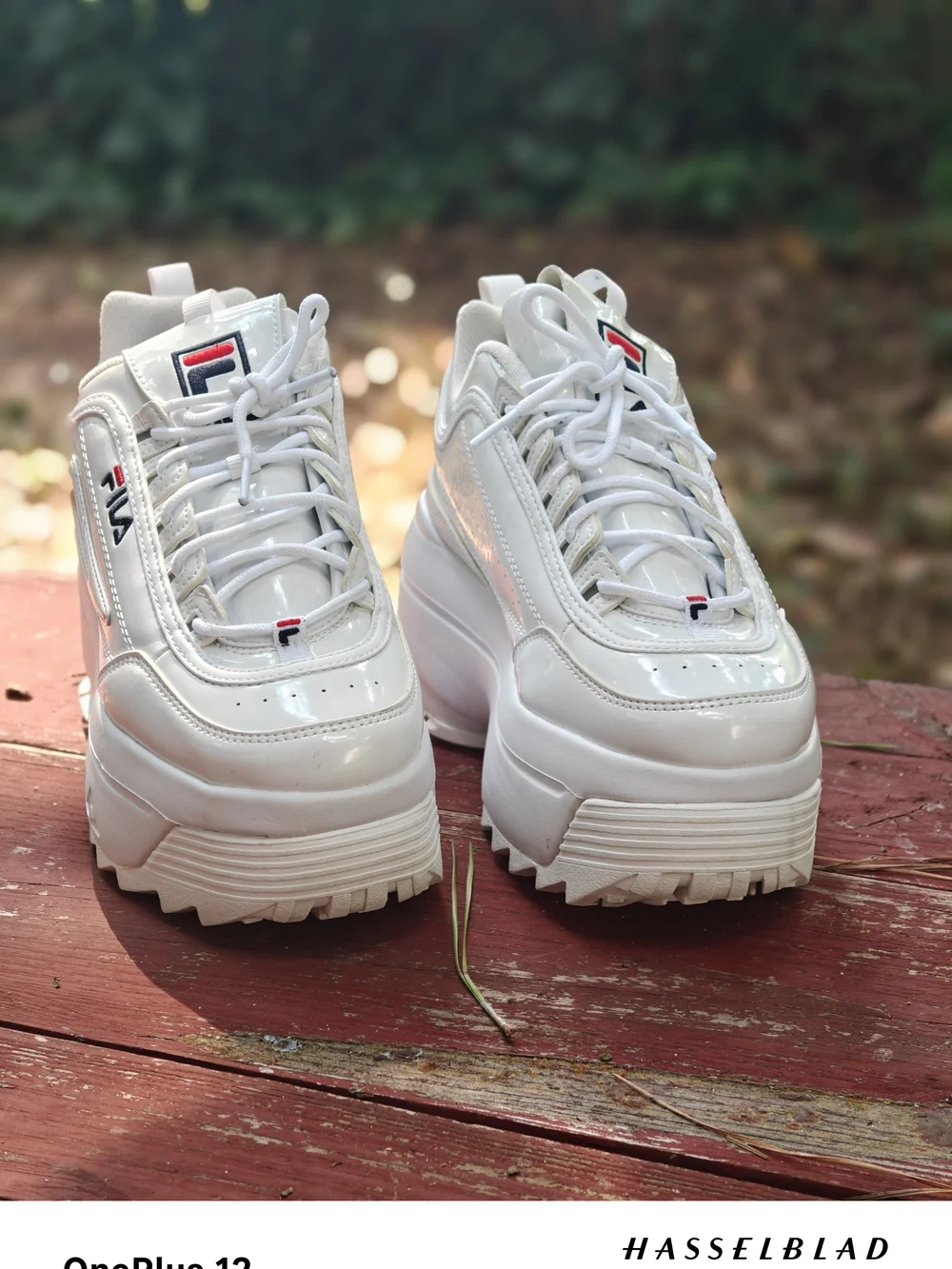 Fila Women's White Platform Disruptor II Sneakers with Navy & Red Accents